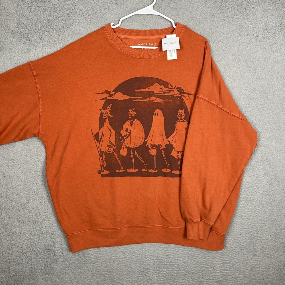NEW American Eagle Sweatshirt Womens XL Orange Crew Oversized Halloween Skeleton